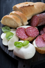Close-up of italian bruschetta with salami and mozzarella cheese