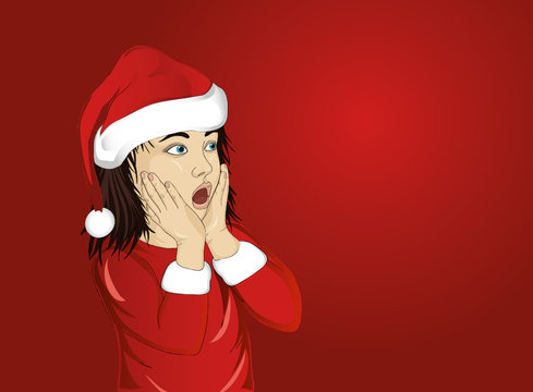 Wow. Girl in Santa Claus costume very surprised. Vector