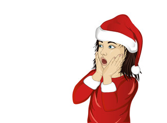 Wow. Girl in Santa Claus costume very surprised. Vector