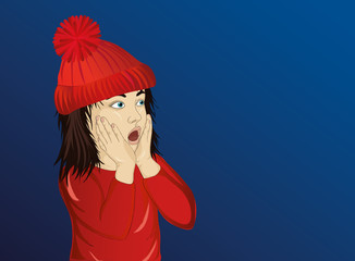 Wow. Girl looking surprised and shows hands wow. Vector.Portrait