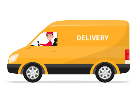 Vector cartoon delivery van truck with deliveryman