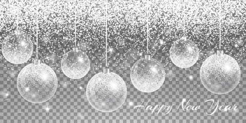 Christmas balls hanging. New year light. Bling background. Sparks vector. 
