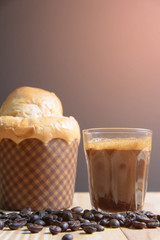 espresso in a glass on wooden table