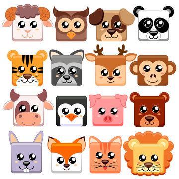 Cute cartoon animals head square shape.  Bear, cat, dog, pig, rabbit, cow, deer, lion, sheep, tiger, owl, panda, raccoon, monkey, penguin, hare, fox