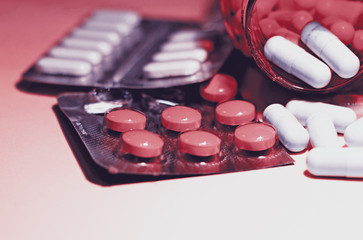 Drugs and pills. Pills and another drugs for illegal doping manipulations. Pharmacy antibiotic and...