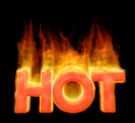 hot word flames fire text  black background 3D illustration