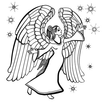 Vector illustration of angel with star black and white