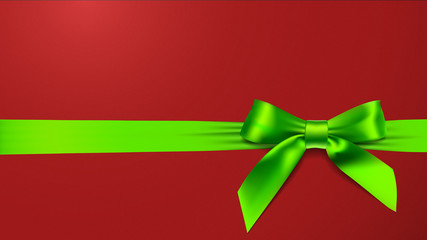 greeting card with realistic green bow on red background