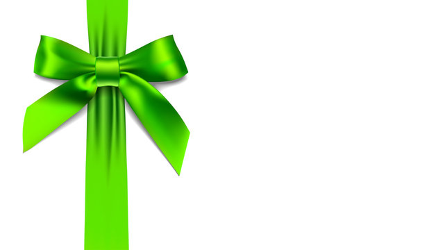 greeting card with realistic green bow on white background