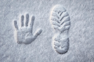Hand print and footprint in the snow