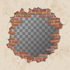 Red broken brick wall with hole. Shabby plaster and shattered brickwork. Vector illustration.