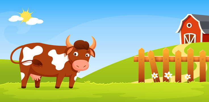 smiling cow with greenery background, farm and wooden fence
