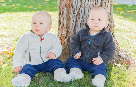Twin Toddlers Sitting Near Tree Trunk