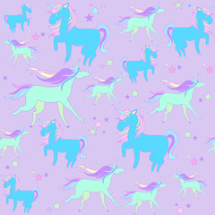 Blue and green unicorns with stars on a violet background.
