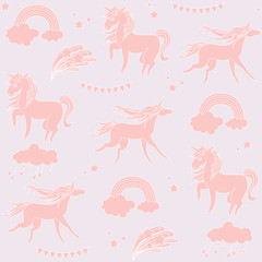 Sandy color unicorns with clouds on a biege background.