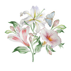 Floral card with flowers. Lilia. Alstroemeria. Butterfly. Watercolor illustration.