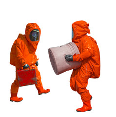 Naklejka premium Isolated man in orange protective hazmat suit