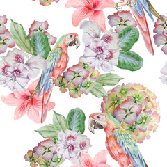 Seamless pattern with parrot and flowers. Watercolor illustration.