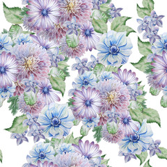 Seamless pattern with flowers. Peony. Anemone .Watercolor illustration.