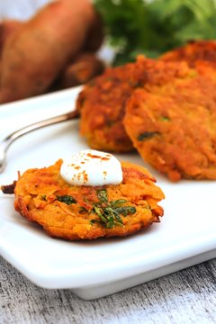 Sweet Potato Latkes Served With Sour Cream Dollop, Selective Focus