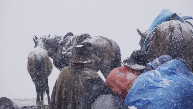 Peruvian muleteers seated on the rocks during a snowfall near the Nevado Pastoruri . 4k