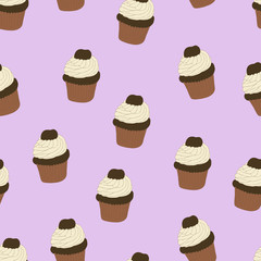 Seamless pattern with hand drawn and painted cupcakes. Vector graphic. Beautiful delicious sweets for girls. Creamy cakes illustration. Purple background. 