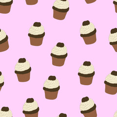 Seamless pattern with hand drawn and painted cupcakes. Vector graphic. Beautiful delicious sweets for girls. Creamy cakes illustration.  Pink background. 