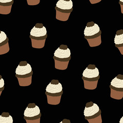 Seamless pattern with hand drawn and painted cupcakes. Vector graphic. Beautiful delicious sweets for girls. Creamy cakes illustration. Black background. 
