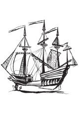 Hand drawn sketch of an old ship on white paper