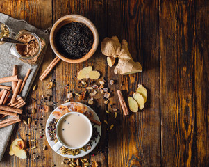 Ingredients for Masala Chai and Cup with Beverage