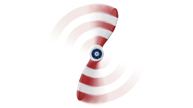 Spinning propeller on a black background with a mask, key and alpha. Front view of a spinning airplane propeller with colors of flag of United States. Brown rotating squirming aircraft propeller.