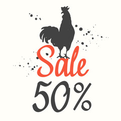 Silhouette of the cock on white background. Sketch style. Vector illustration with roosters 2017. Brush drawings. Chinese New Year. Winter sale.