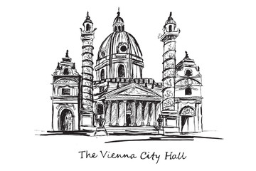 Hand drawn The Vienna City Hall on white background