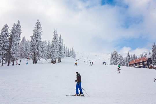 People play ski in resort in winter