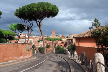 Rome, Italy - road near Roman Forum with stone umbrella pines.