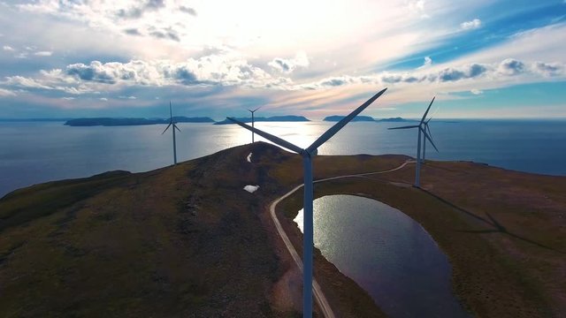 Windmills for electric power production. Arctic View Havoygavelen windmill park, Havoysund, Northern Norway Aerial footage.