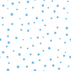 Snowflake simple seamless pattern. Blue snow on white background. Abstract wallpaper, wrapping decoration. Symbol of winter, Merry Christmas holiday, Happy New Year celebration Vector illustration