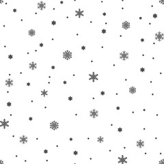 Snowflake simple seamless pattern. Black snow on white background. Abstract wallpaper, wrapping decoration. Symbol of winter, Merry Christmas holiday, Happy New Year celebration Vector illustration