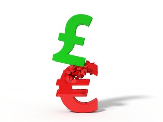 3d illustration of crashing pound and euro currency signs.