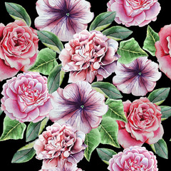 Seamless pattern with flowers. Peony. Rose. Petunia. Watercolor illustration.