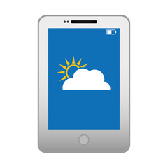 smartphone device with sun and cloud icon on screen over white background. vector illustration