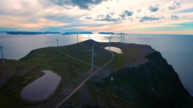 Windmills for electric power production. Arctic View Havoygavelen windmill park, Havoysund, Northern Norway Aerial footage.