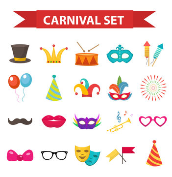 Party icons, design element, flat style. Carnival accessories, props, isolated on white background. Masquerade Collection. Vector illustration, clip art