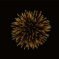 Firework gold isolated. Beautiful golden firework on black background. Bright decoration for Christmas card, Happy New Year celebration, anniversary, festival. Flat design Vector illustration