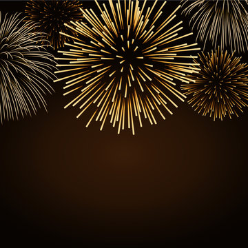 Firework gold bursting sparkle background card. Golden night fire, beautiful explosion for celebration, holiday, Christmas, New Year, birthday. Symbol festive, anniversary. Vector illustration
