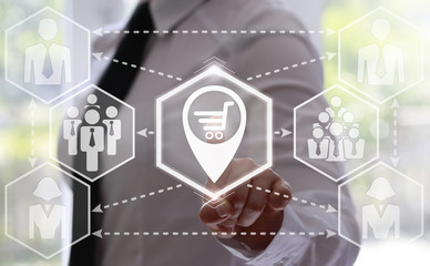 businessman presses shopping cart button on virtual screens. Businesswoman touching icon trolley on touch screen. Business, technology, buy concept. hexagon style. 3d button, trolley, shop, purchase