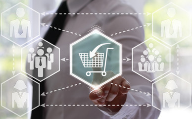 businessman presses shopping cart button with a arrow. Businesswoman touching icon trolley with a arrow on touch screen. Business, buy concept. hexagon. add to shopping, online store, shop, purchase.