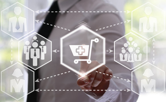 businessman presses shopping cart button with a plus. Businesswoman touching icon trolley with a plus on touch screen. Business, buy concept. hexagon. add to shopping, online store, shop, purchase.