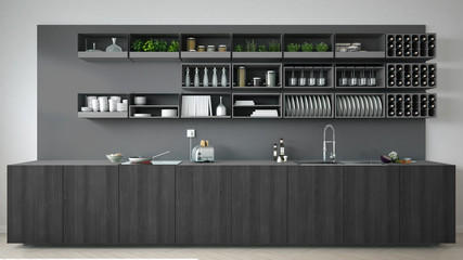 Scandinavian gray kitchen with wooden and gray details, minimali