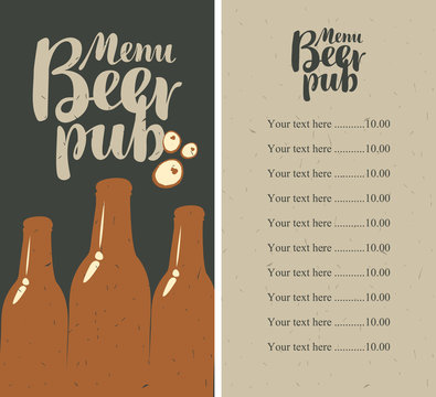 menu with price list for a pub with a bottle of beer